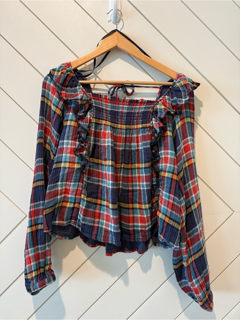We The Free Navy, Red & Yellow Plaid Off-Shoulder Ruffle Top